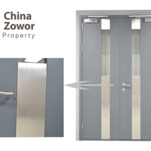 冷灰色钢制带玻璃对开防火门