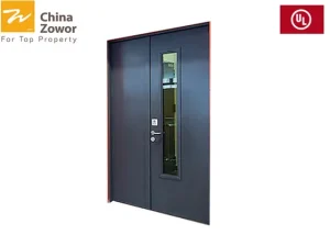 Dark Grey Unequal Leaf Right Active Gal. Steel Fire Safety Door With Vision Panell