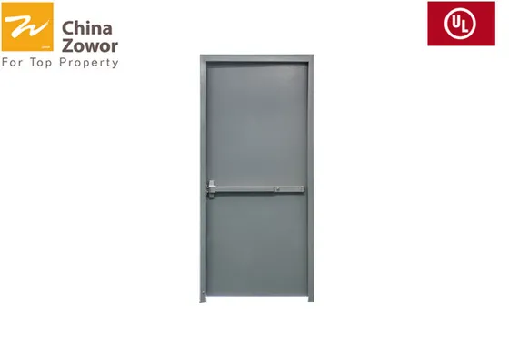 Grey steel fire safety door with push bar lock and fireproof glass